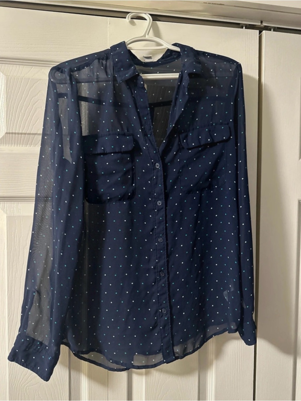 Old Navy Navy Blue Polka Dot Sheer Button-Down Blouse